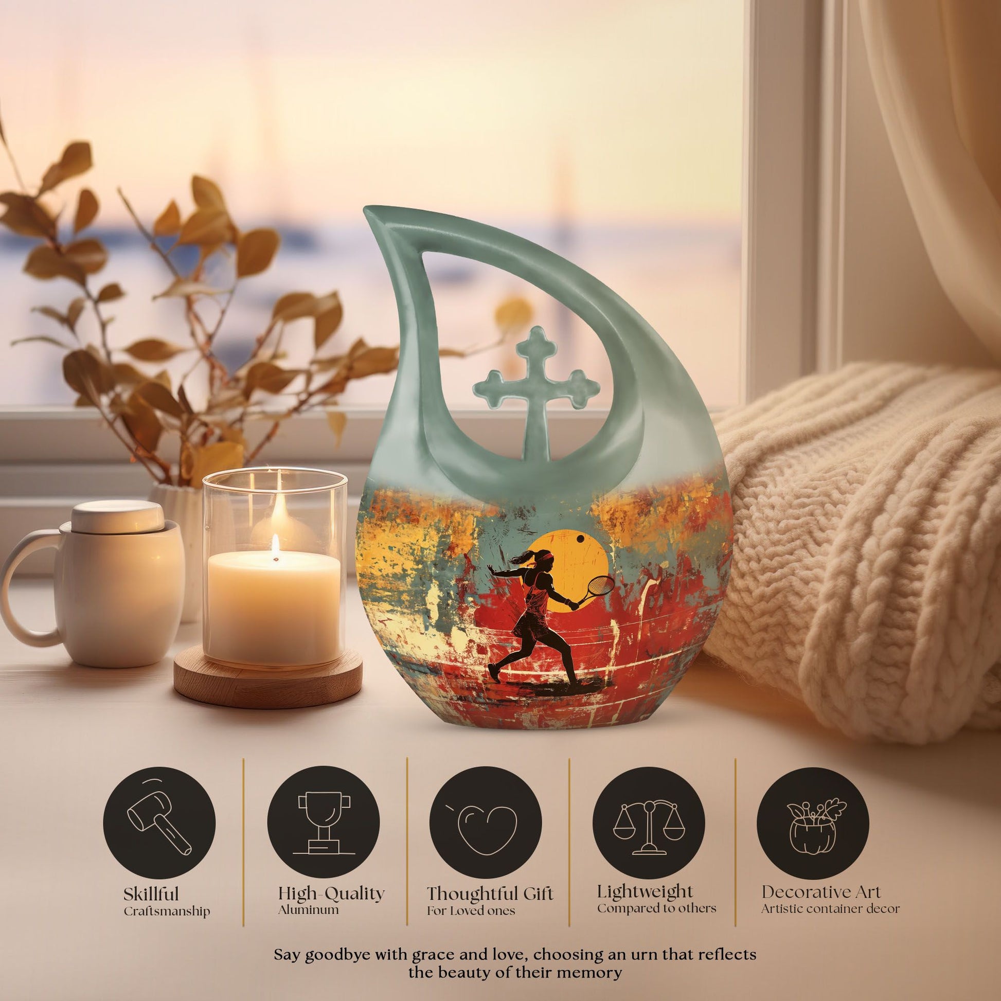 Tennis Themed Cross Drop Design Funeral Urn