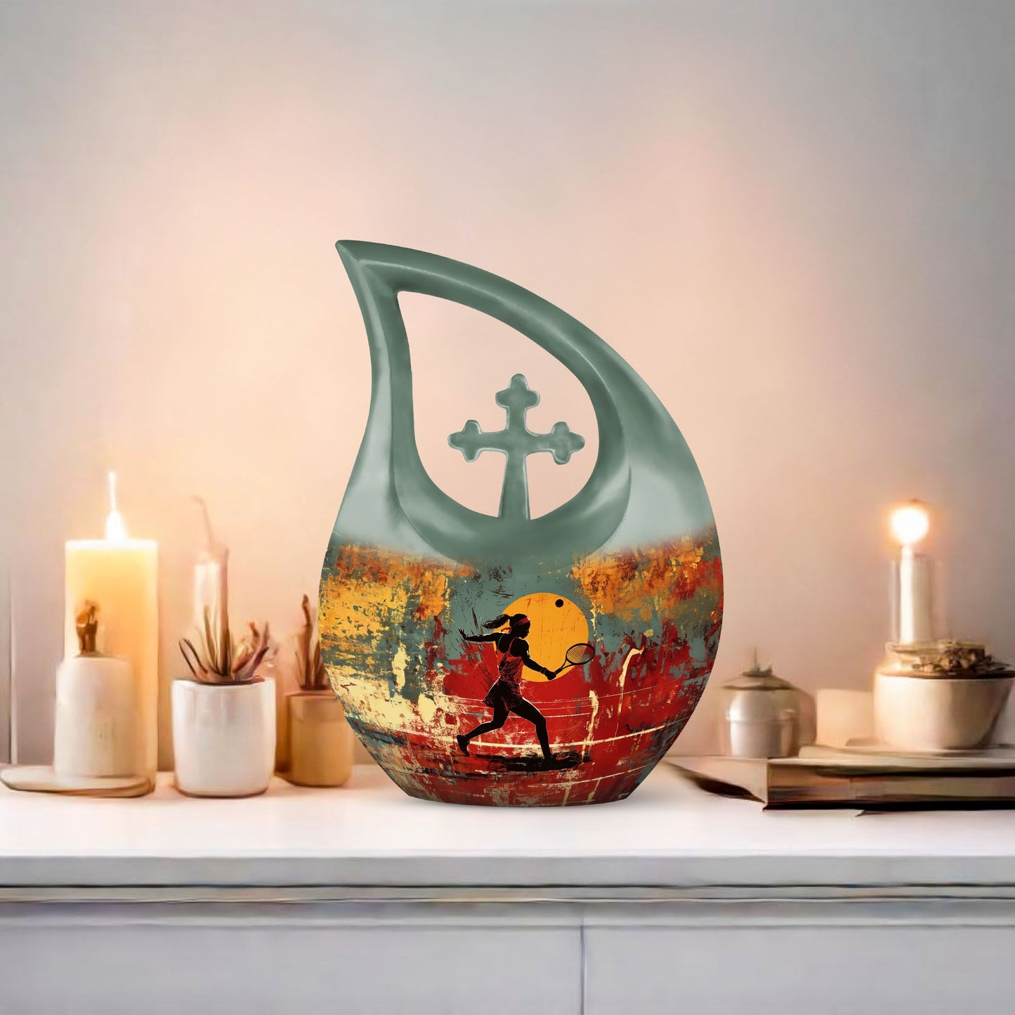 Tennis Themed Cross Drop Design Funeral Urn