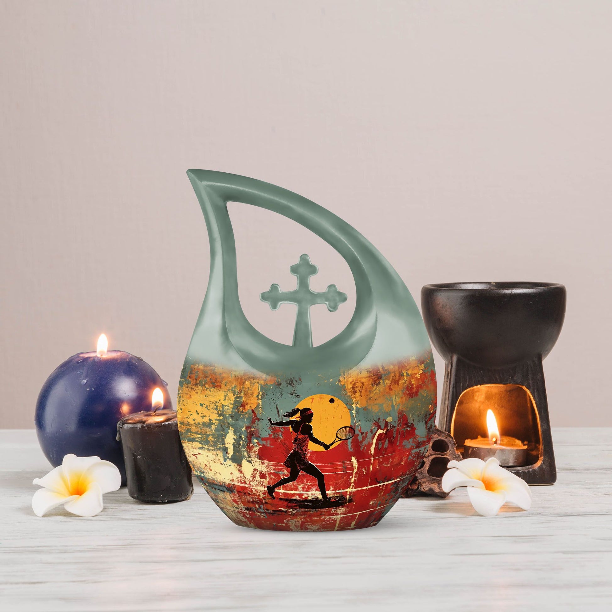 Tennis Themed Cross Drop Design Funeral Urn