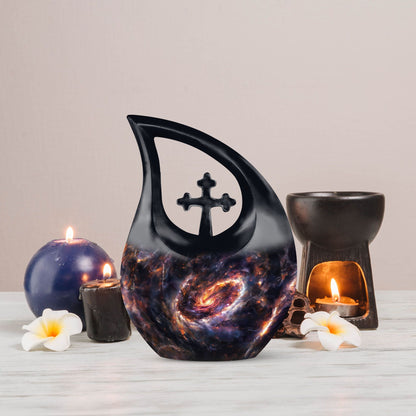 Galaxy themed 10 Inch Cross Drop memorial urn,