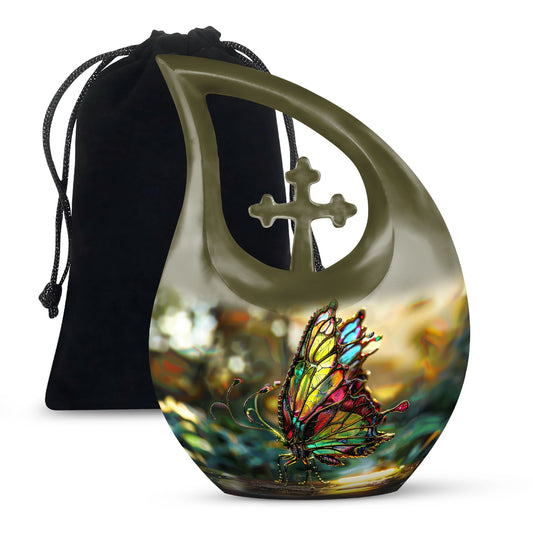 10-inch pink butterfly-themed cross drop urn