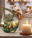 10-inch pink butterfly-themed cross drop urn