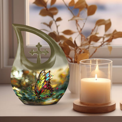 10-inch pink butterfly-themed cross drop urn