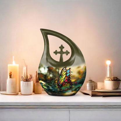10-inch pink butterfly-themed cross drop urn