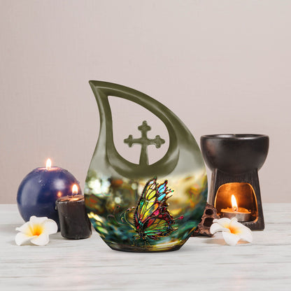 10-inch pink butterfly-themed cross drop urn