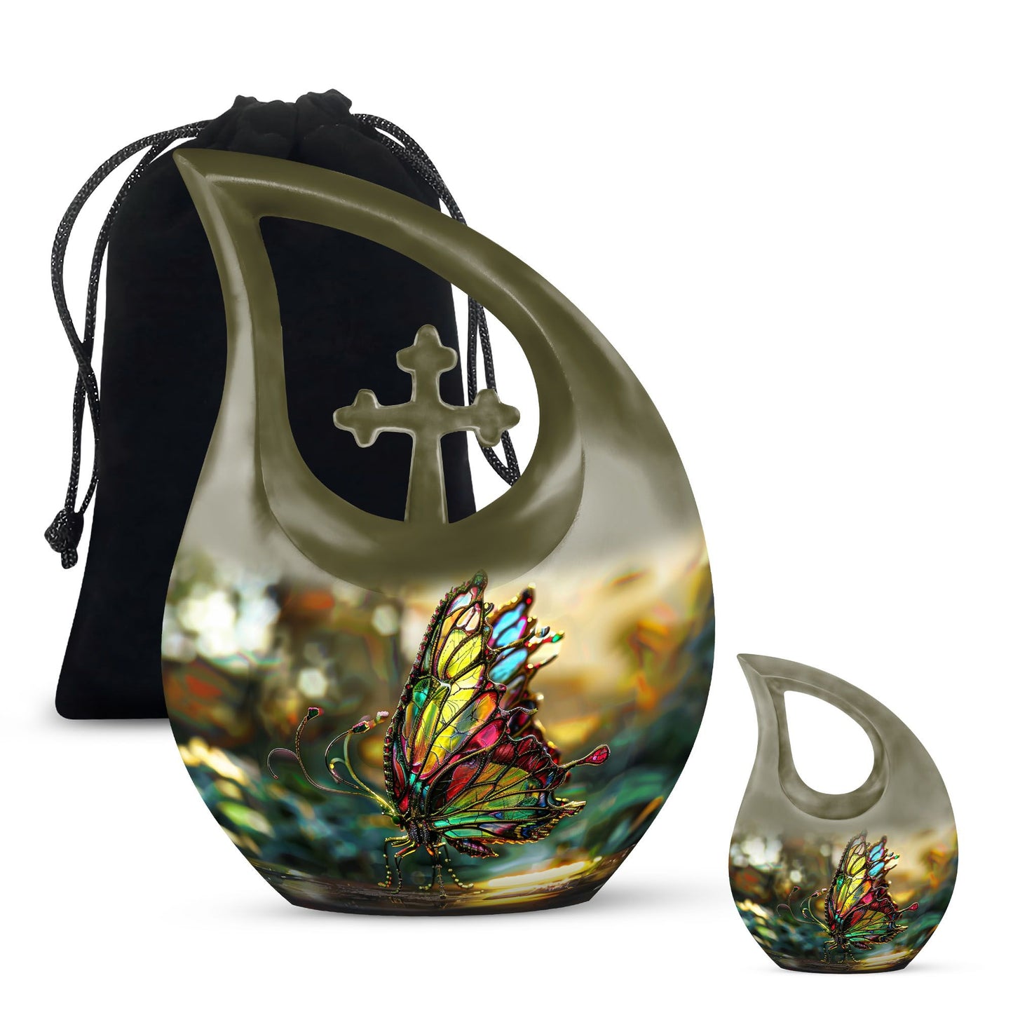 10-inch pink butterfly-themed cross drop urn