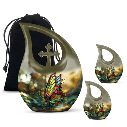 10-inch pink butterfly-themed cross drop urn