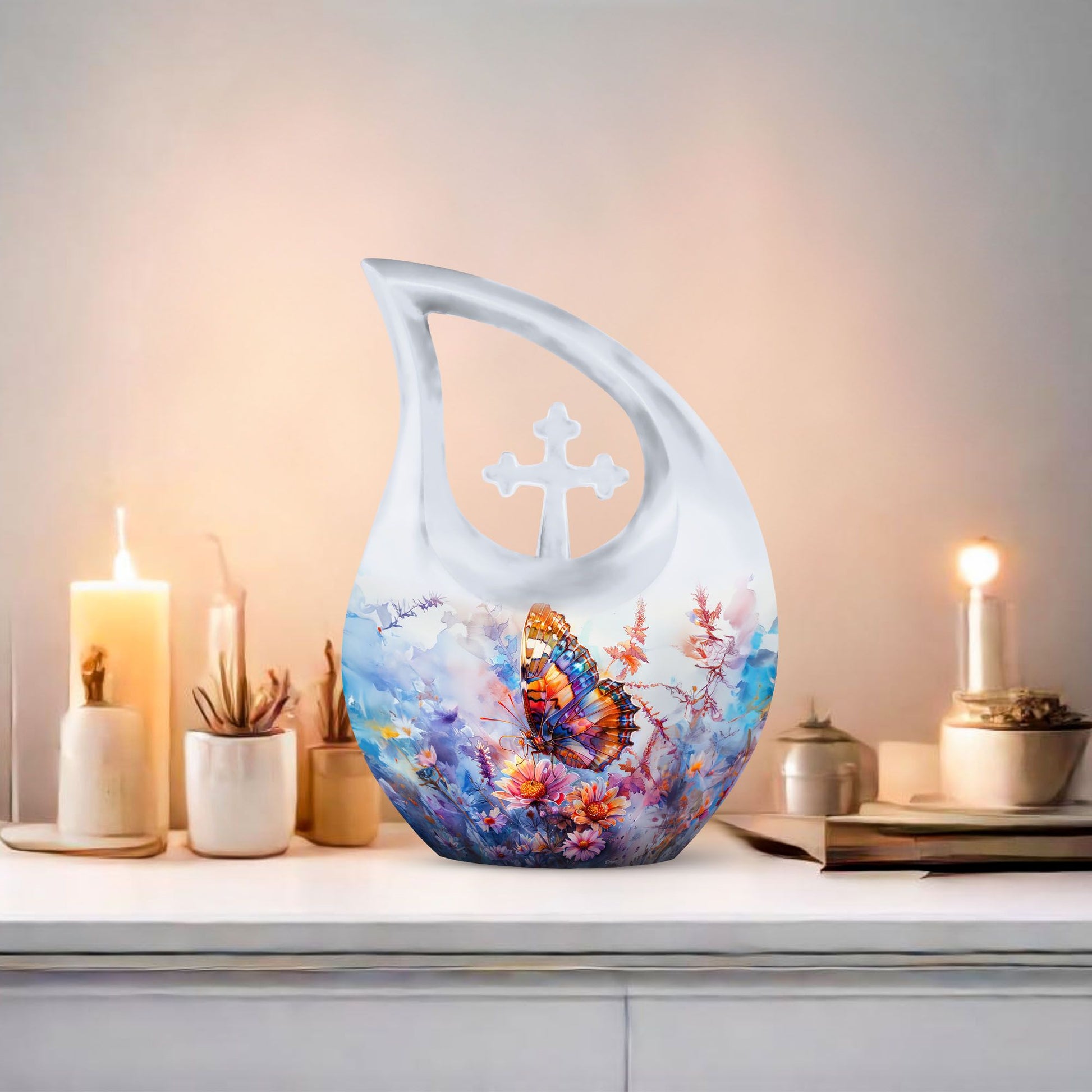 10-inch Butterfly Urn with Cross Drop design