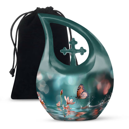 10 Inch Butterfly Urn with Cross Drop design