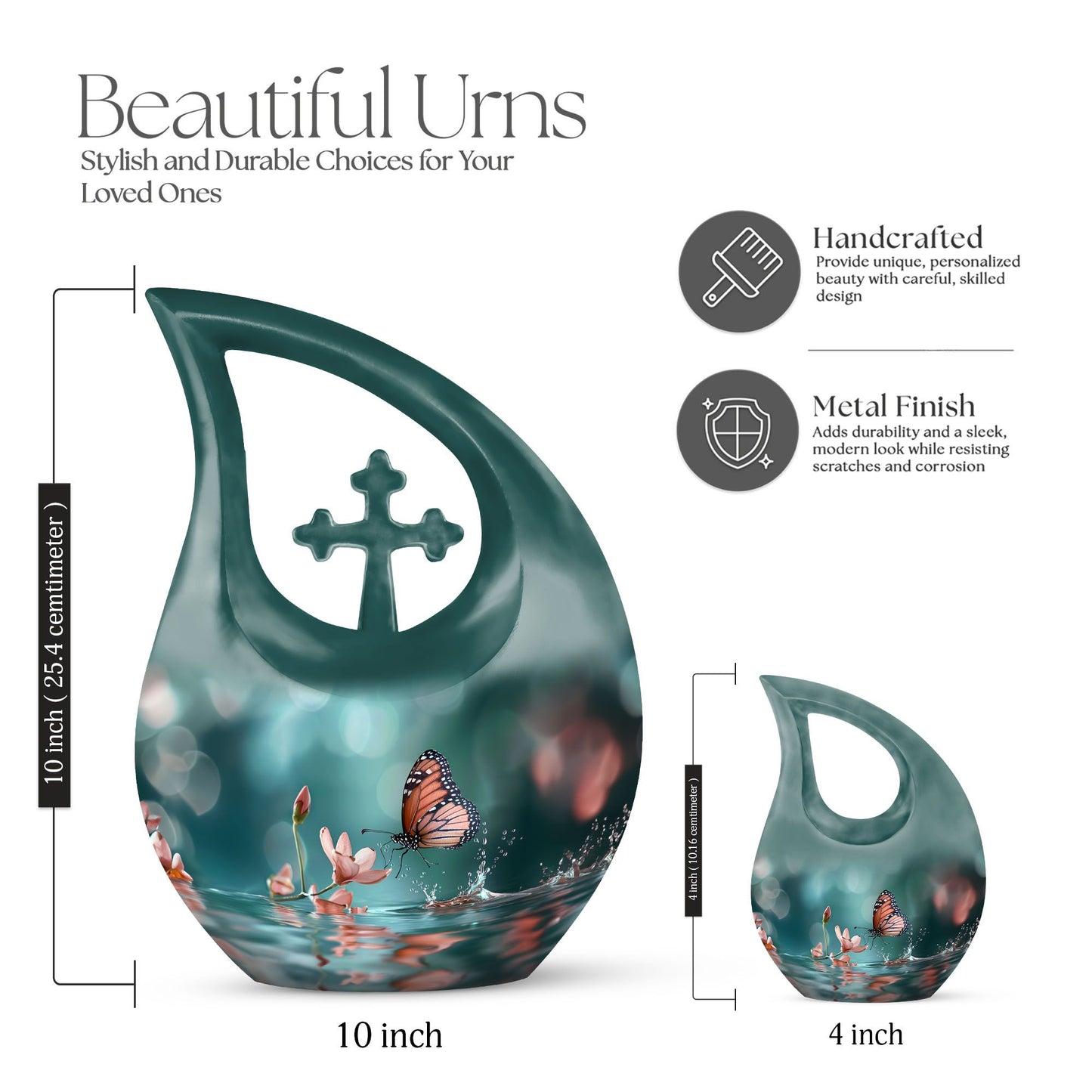 10 Inch Butterfly Urn with Cross Drop design