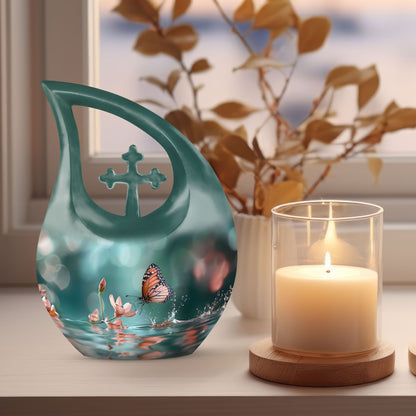 10 Inch Butterfly Urn with Cross Drop design