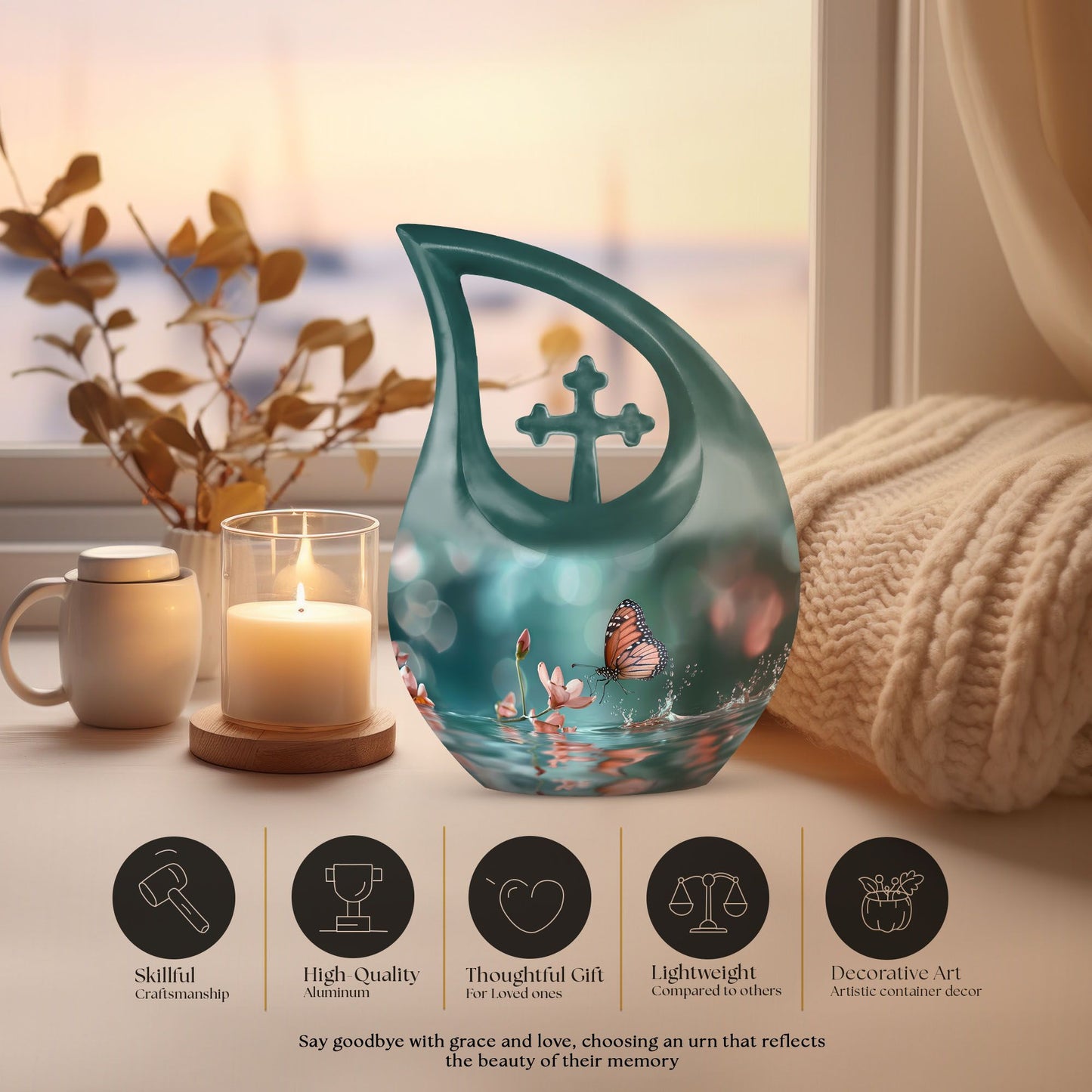10 Inch Butterfly Urn with Cross Drop design