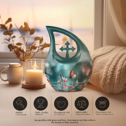10 Inch Butterfly Urn with Cross Drop design