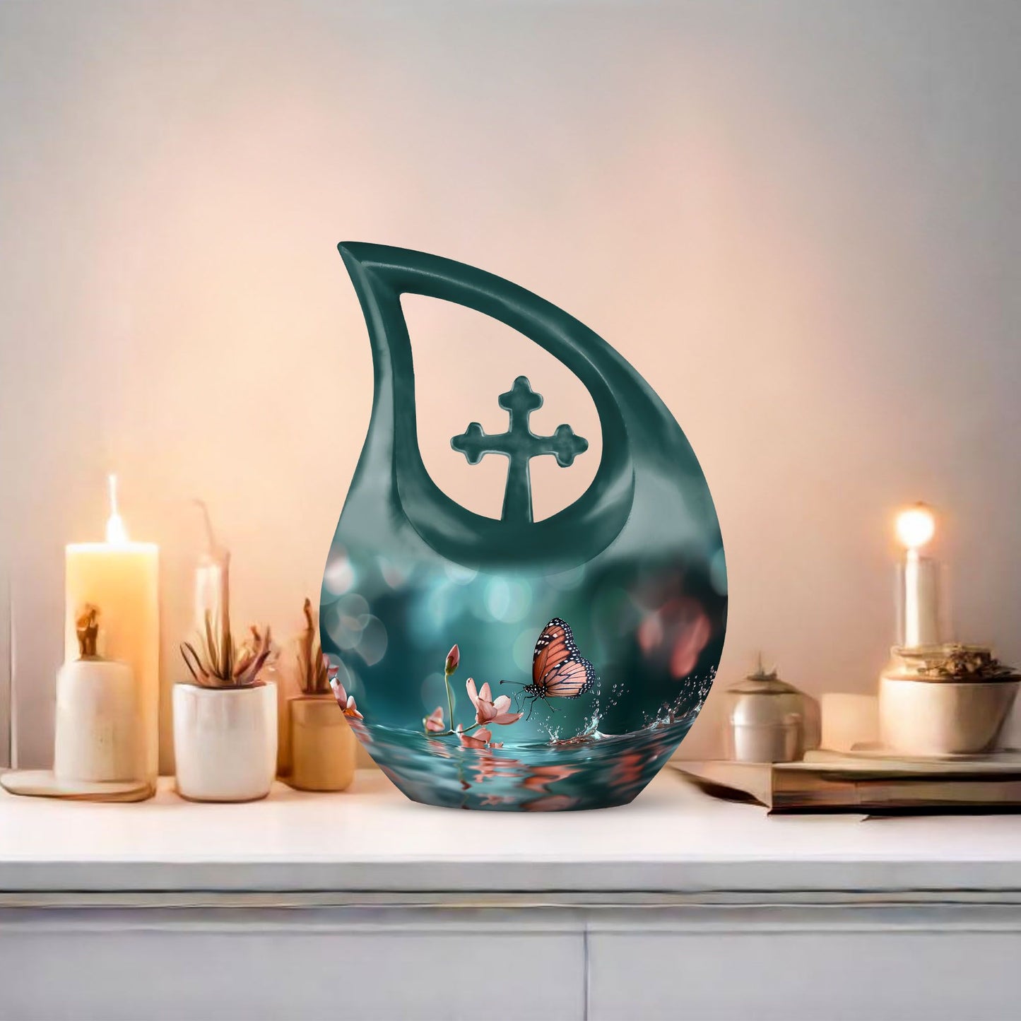 10 Inch Butterfly Urn with Cross Drop design