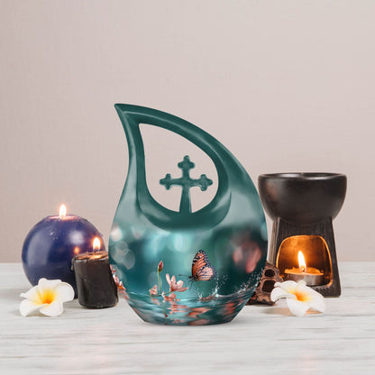 10 Inch Butterfly Urn with Cross Drop design