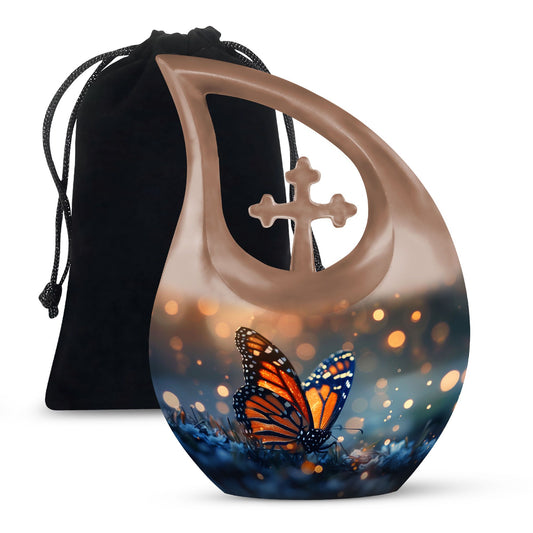 10-inch Butterfly Themed Cross Drop Aluminium Modern Urn