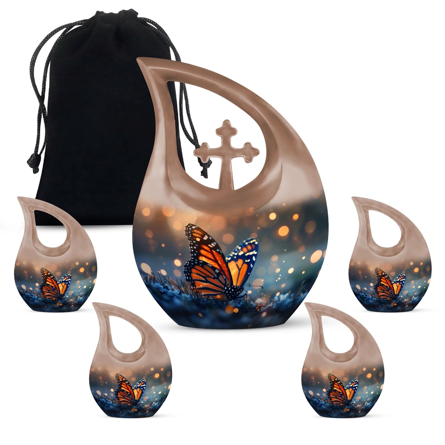 10-inch Butterfly Themed Cross Drop Aluminium Modern Urn
