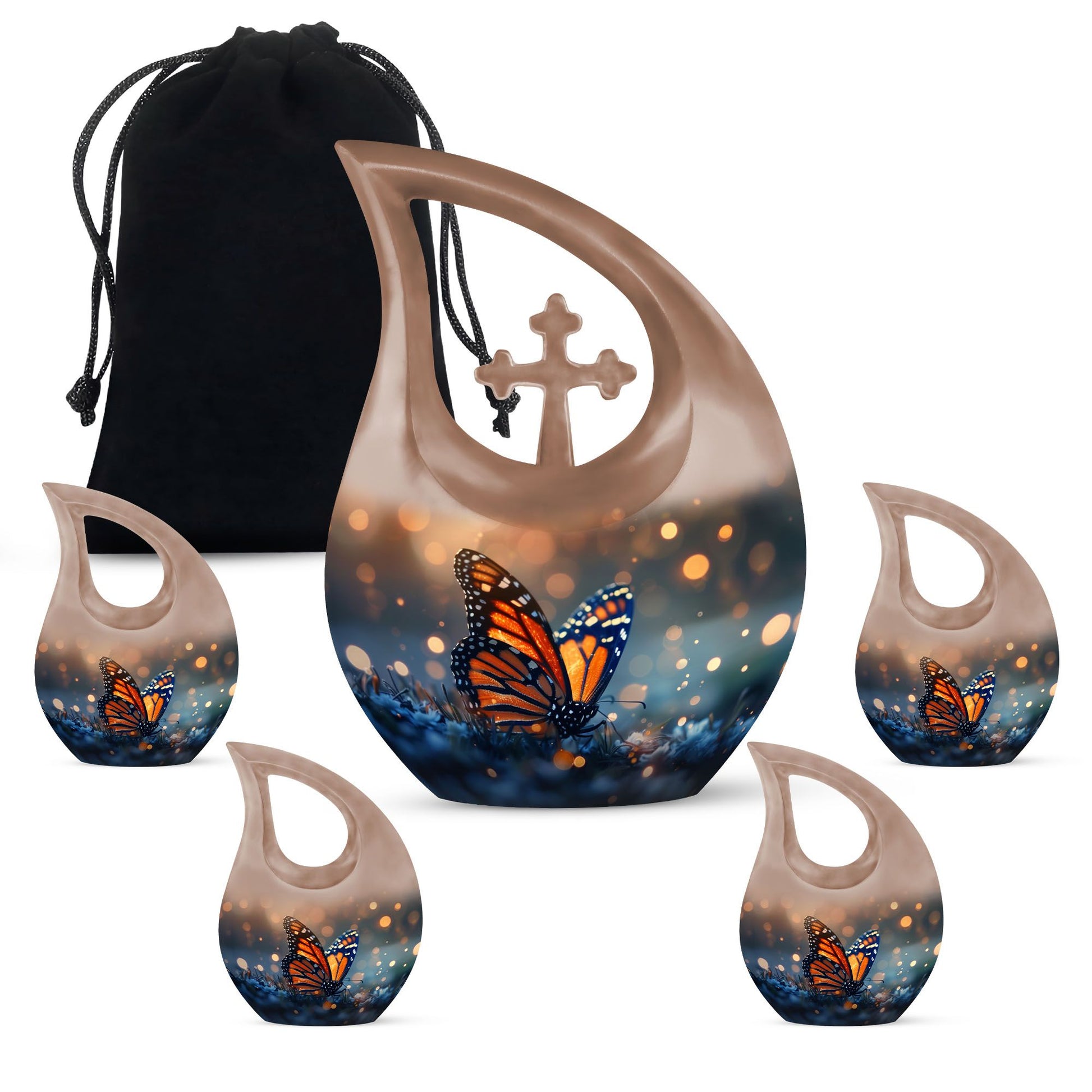 10-inch Butterfly Themed Cross Drop Aluminium Modern Urn