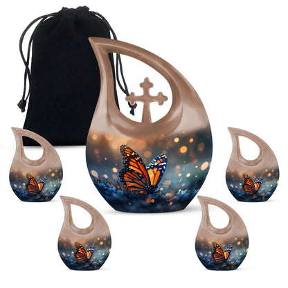 10-inch Butterfly Themed Cross Drop Aluminium Modern Urn