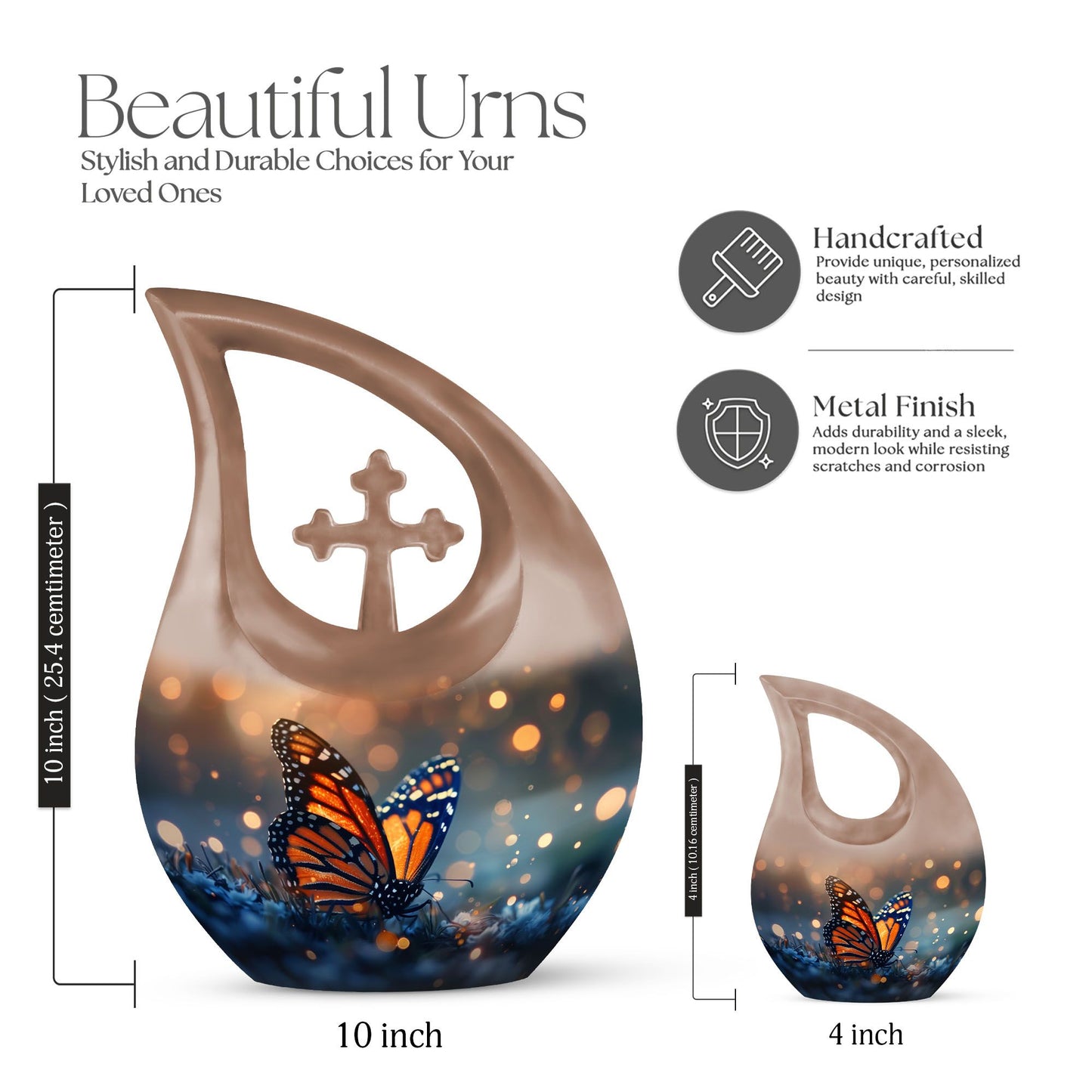 10-inch Butterfly Themed Cross Drop Aluminium Modern Urn