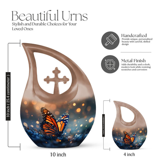 10-inch Butterfly Themed Cross Drop Aluminium Modern Urn