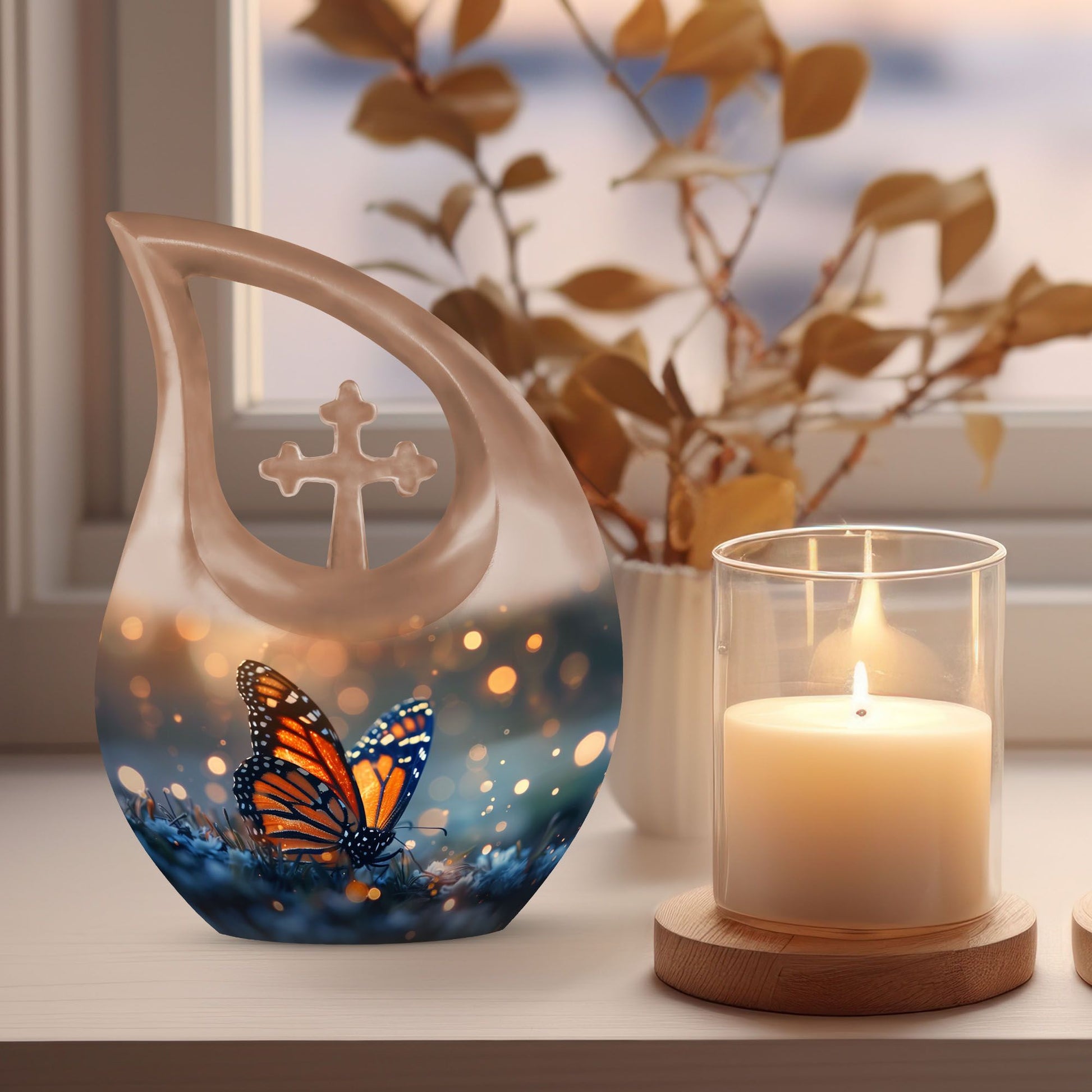 10-inch Butterfly Themed Cross Drop Aluminium Modern Urn