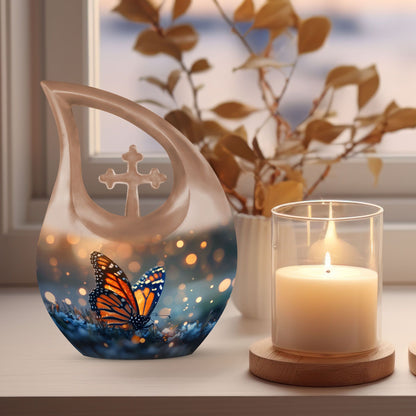 10-inch Butterfly Themed Cross Drop Aluminium Modern Urn