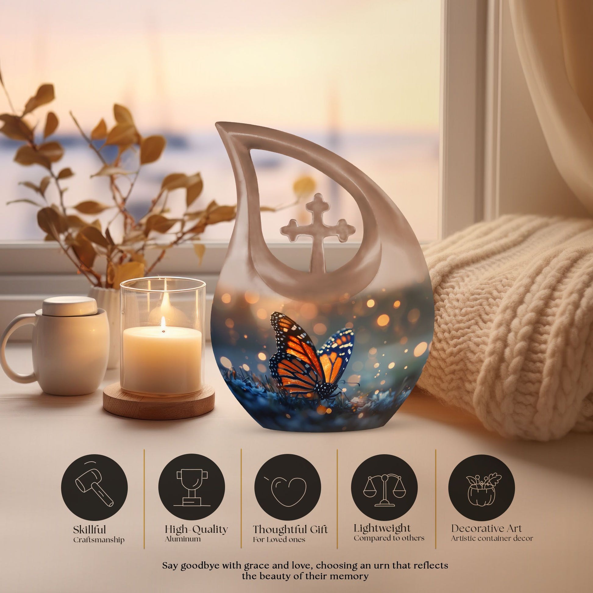 10-inch Butterfly Themed Cross Drop Aluminium Modern Urn