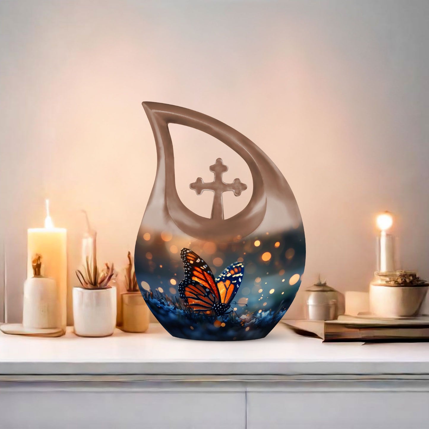 10-inch Butterfly Themed Cross Drop Aluminium Modern Urn