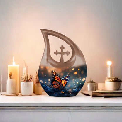 10-inch Butterfly Themed Cross Drop Aluminium Modern Urn