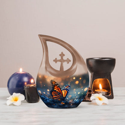 10-inch Butterfly Themed Cross Drop Aluminium Modern Urn