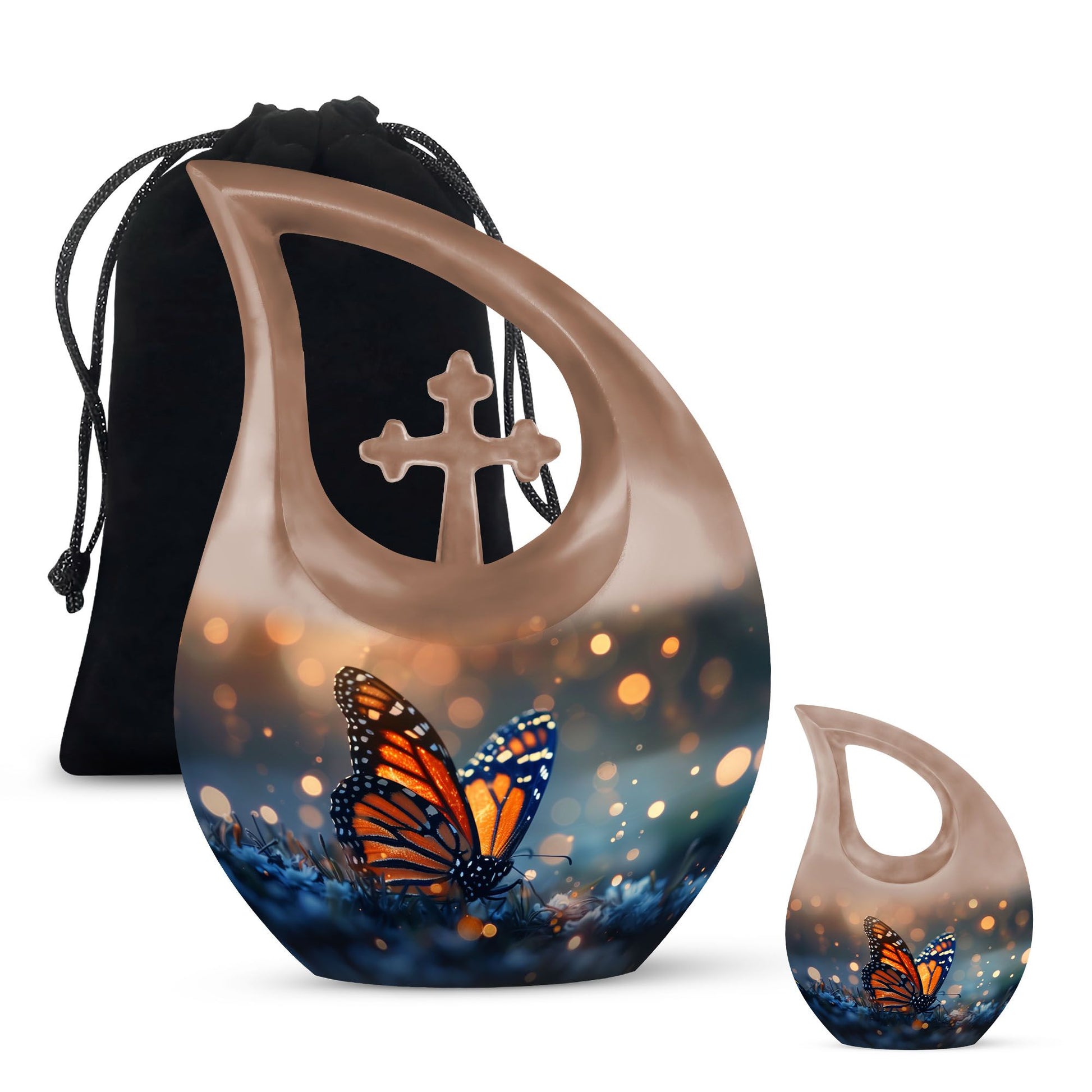10-inch Butterfly Themed Cross Drop Aluminium Modern Urn