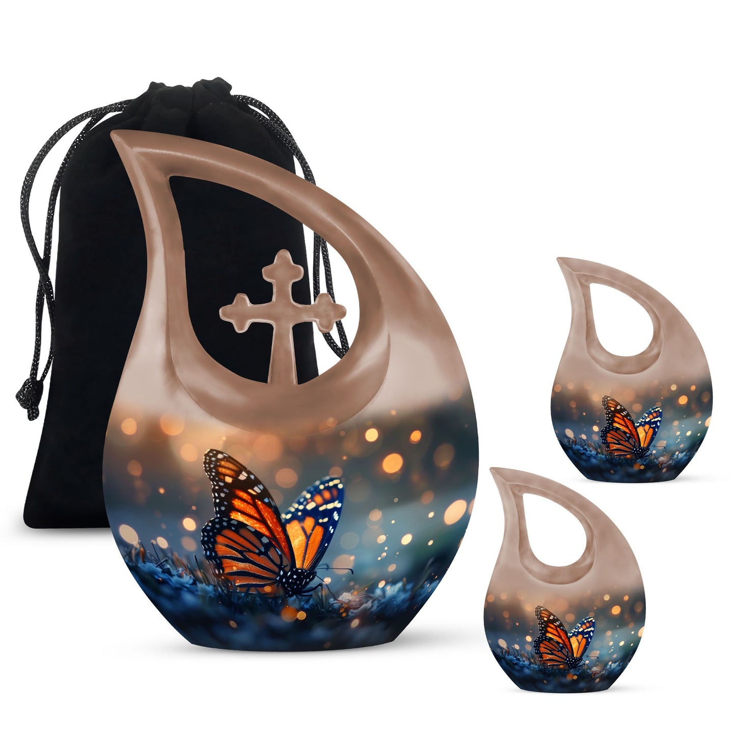 10-inch Butterfly Themed Cross Drop Aluminium Modern Urn