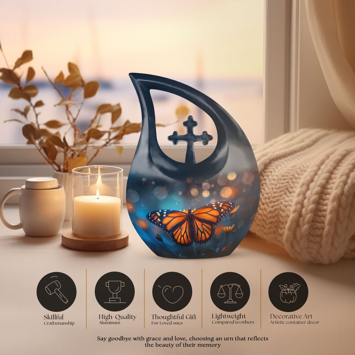 Custom Butterfly Urn, mom memorial urn, Cross Drop design,