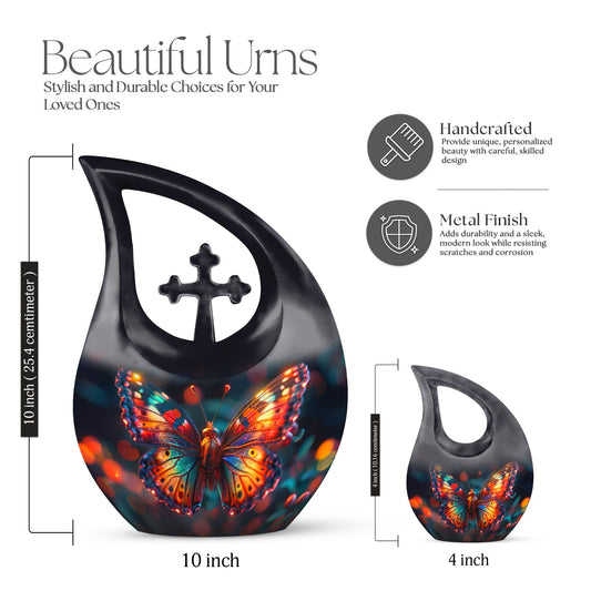10 Inch Butterfly Themed Cross Drop Beautiful Memorial Urn