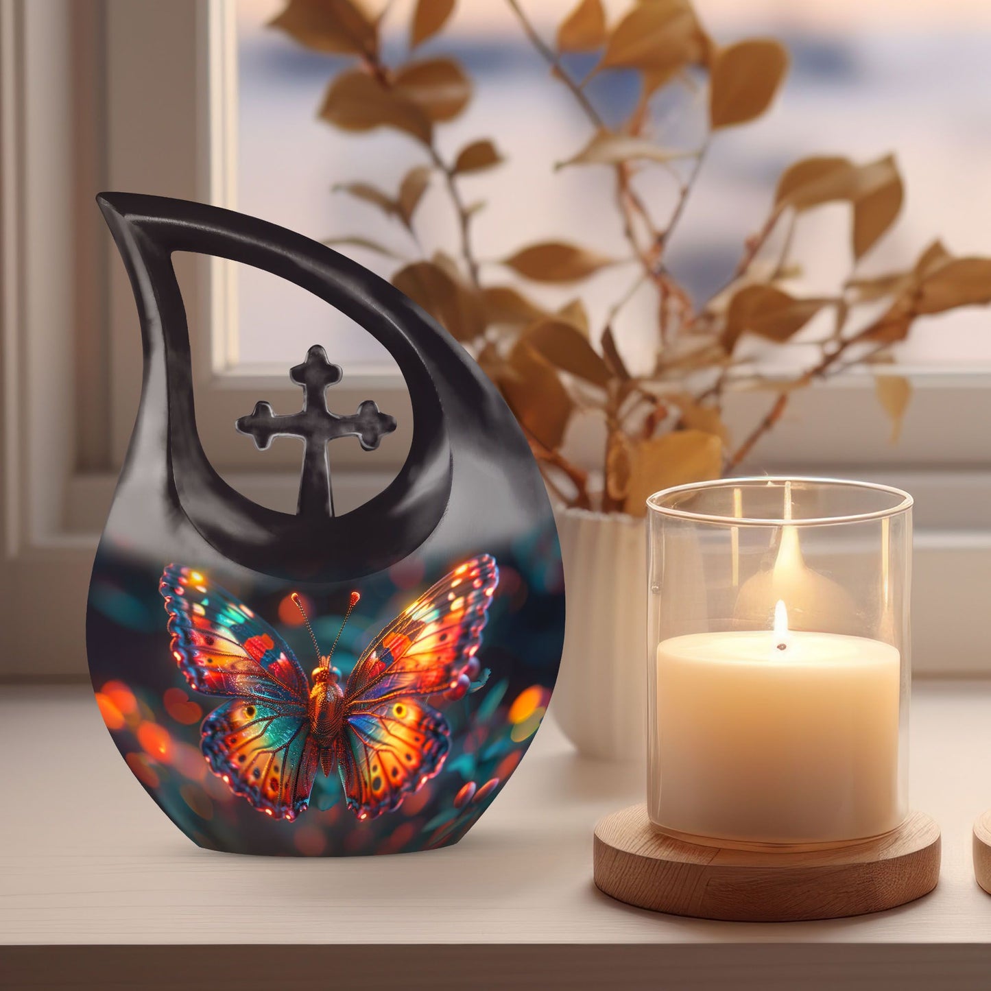 10 Inch Butterfly Themed Cross Drop Beautiful Memorial Urn