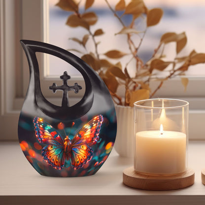 10 Inch Butterfly Themed Cross Drop Beautiful Memorial Urn