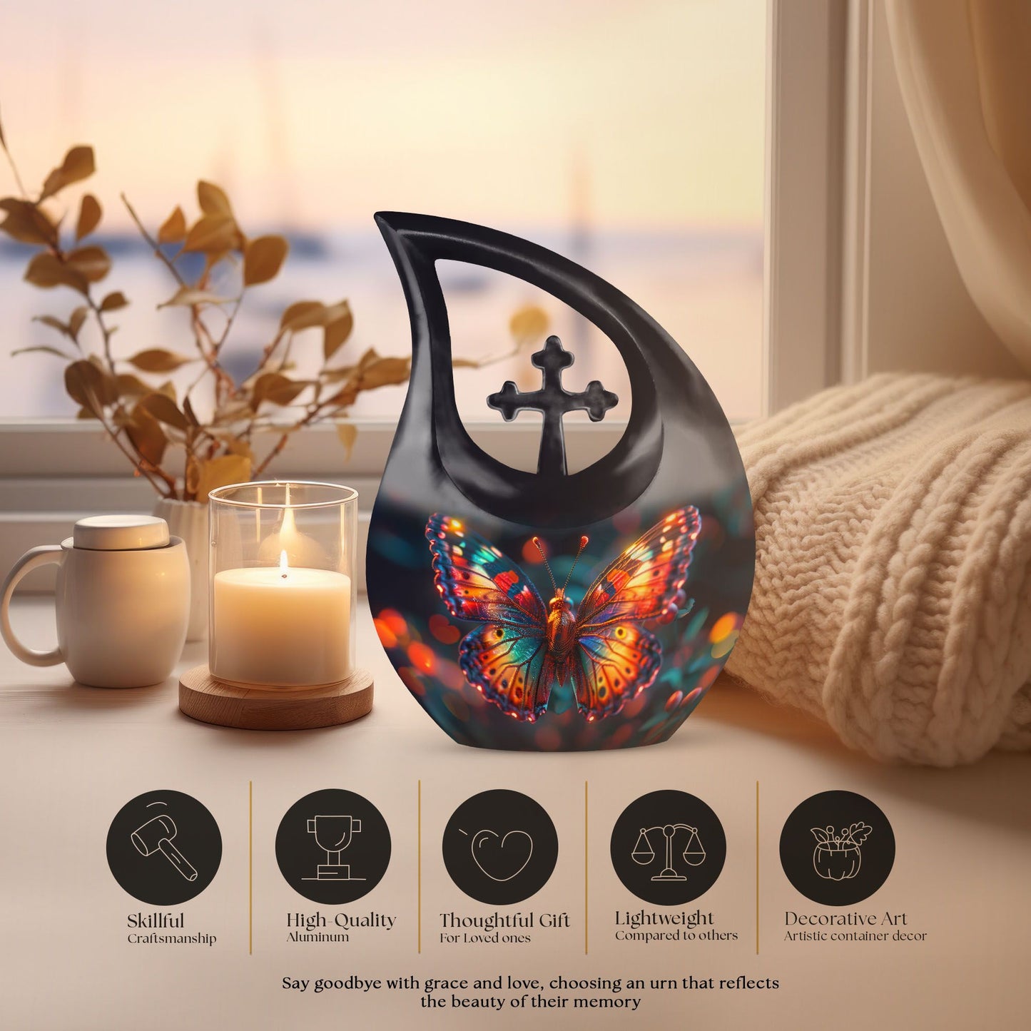 10 Inch Butterfly Themed Cross Drop Beautiful Memorial Urn