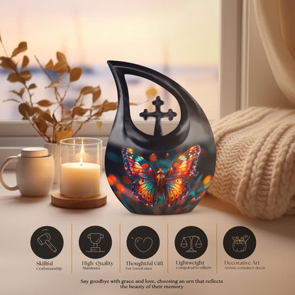 10 Inch Butterfly Themed Cross Drop Beautiful Memorial Urn