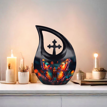 10 Inch Butterfly Themed Cross Drop Beautiful Memorial Urn