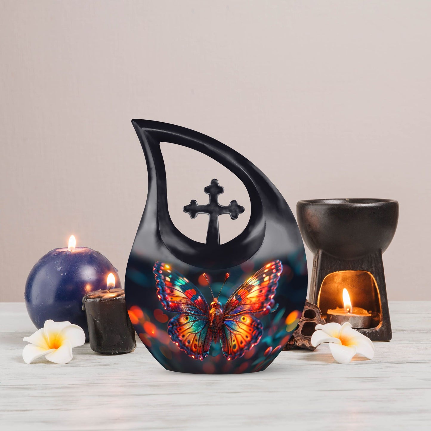 10 Inch Butterfly Themed Cross Drop Beautiful Memorial Urn