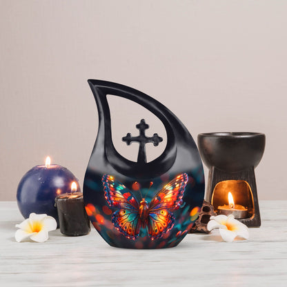 10 Inch Butterfly Themed Cross Drop Beautiful Memorial Urn