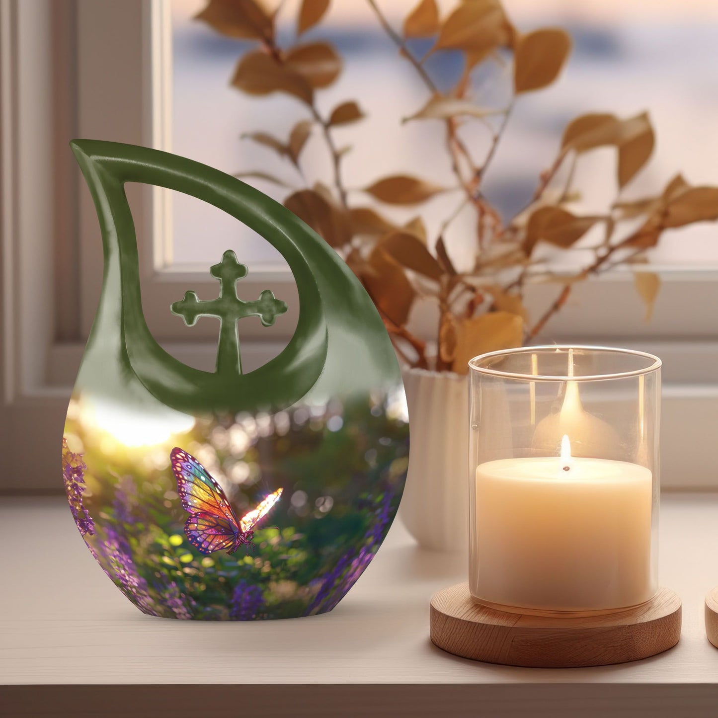 Butterfly themed cross drop urn