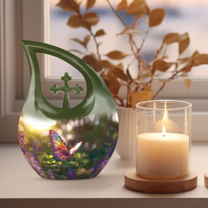 Butterfly themed cross drop urn