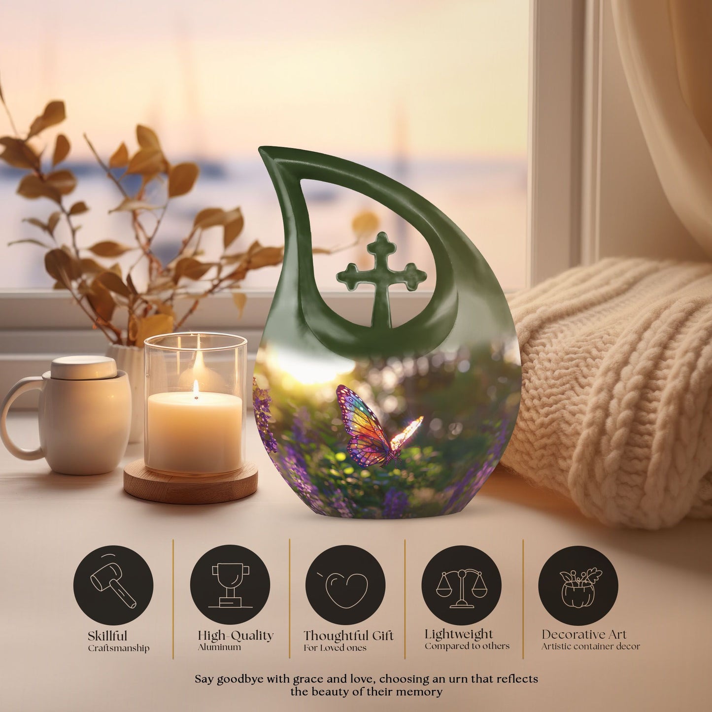 Butterfly themed cross drop urn