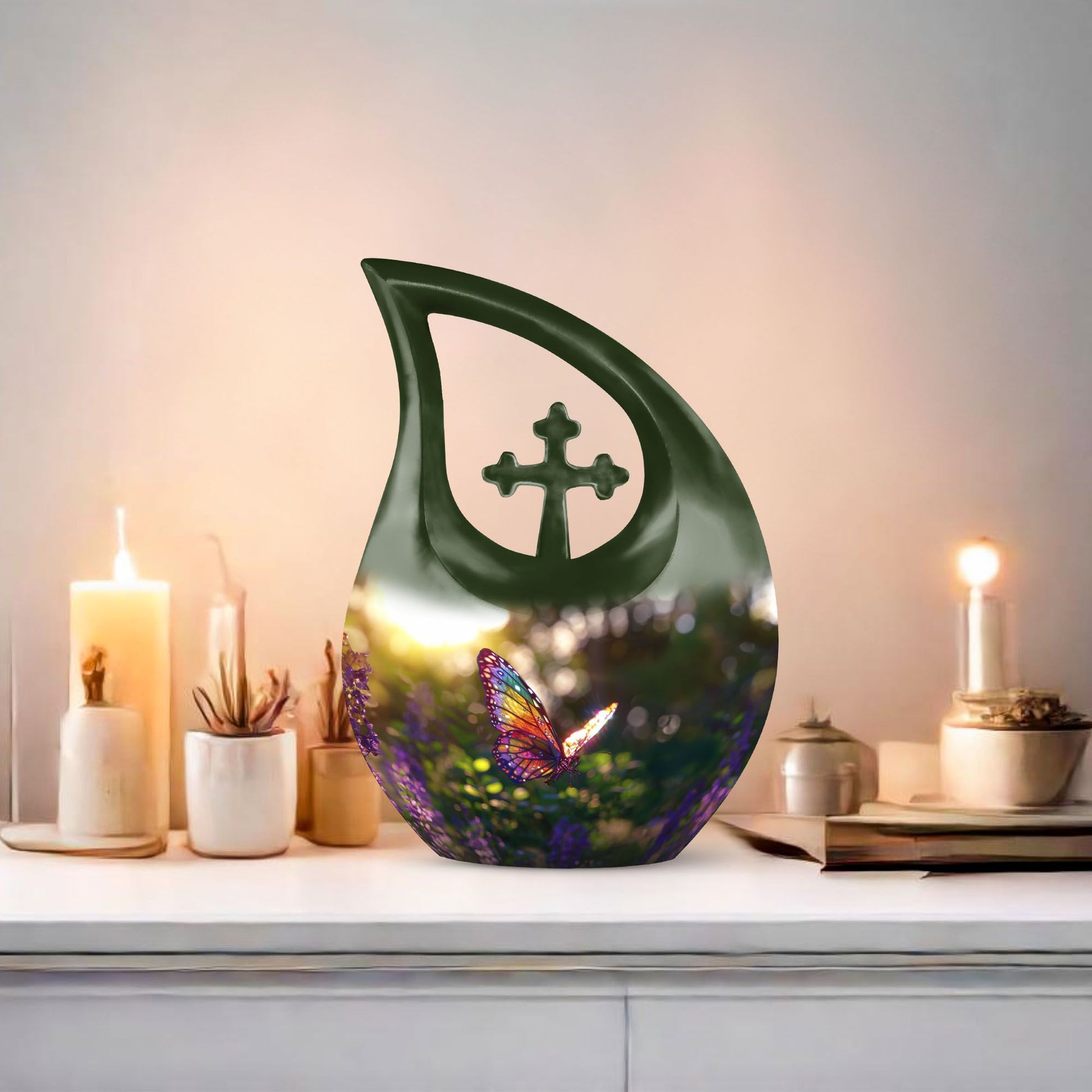 Butterfly themed cross drop urn