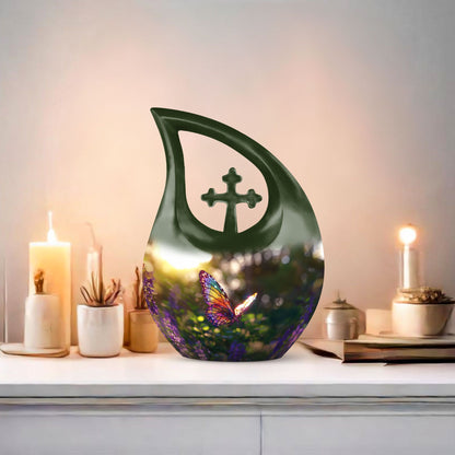 Butterfly themed cross drop urn