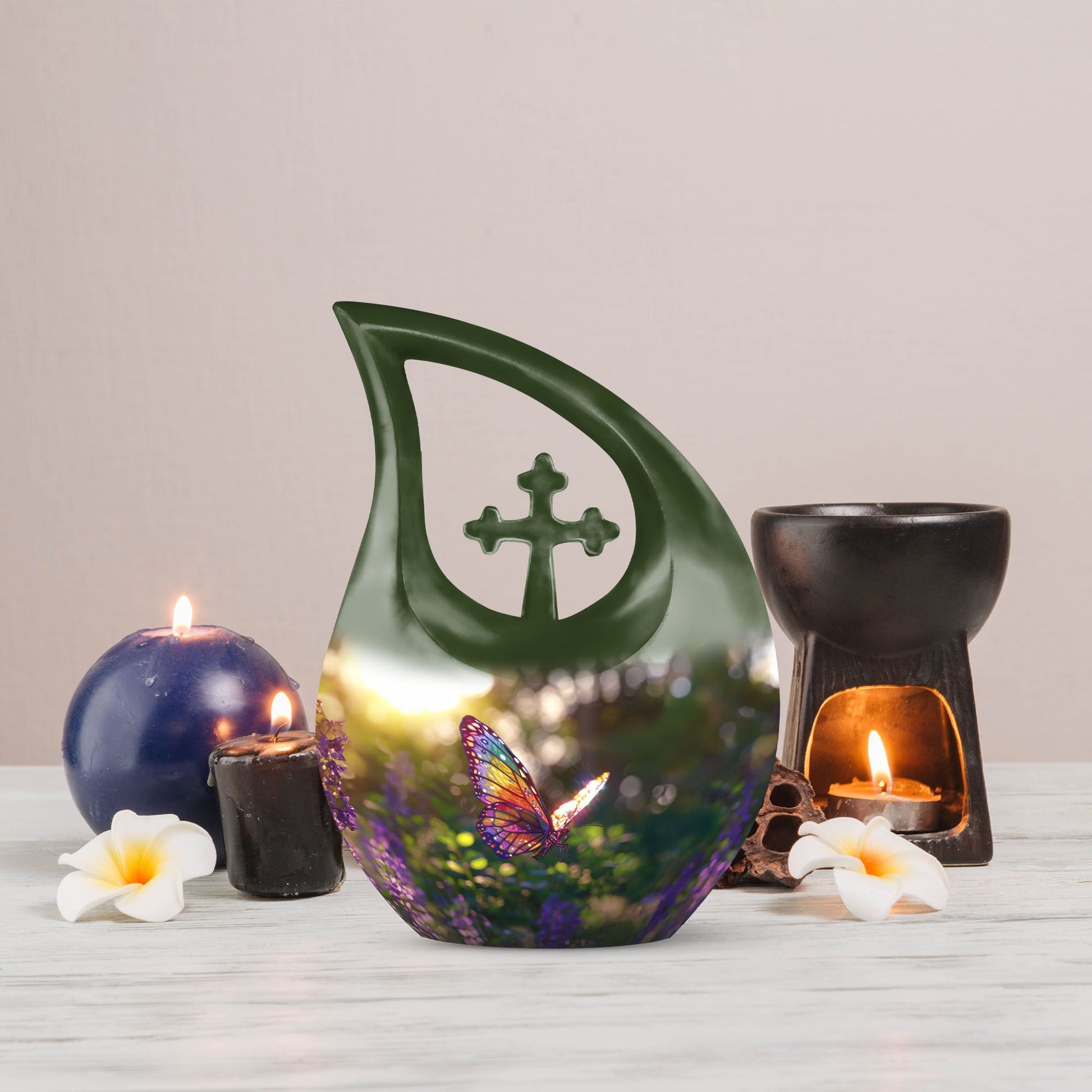 Butterfly themed cross drop urn