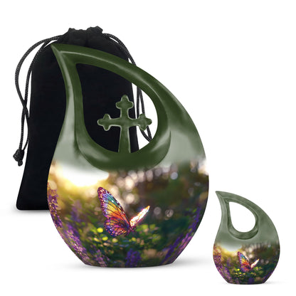 Butterfly themed cross drop urn