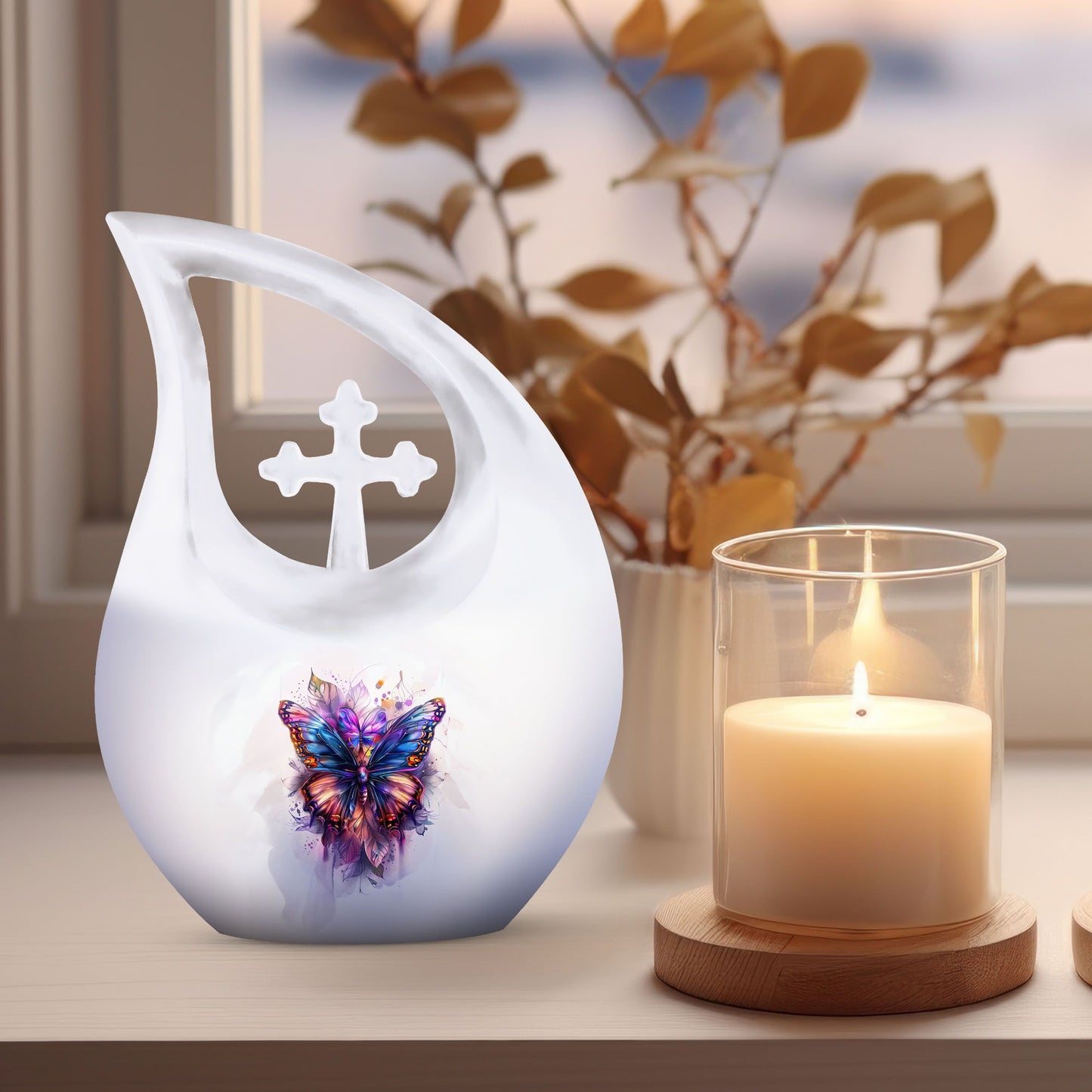 10-inch Large Butterfly Urn, Aluminum Cross Drop Design,